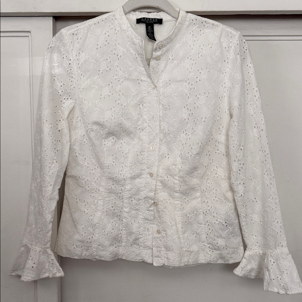 Ralph Lauren White Eyelet Button-Front Mandarin Collar Blouse